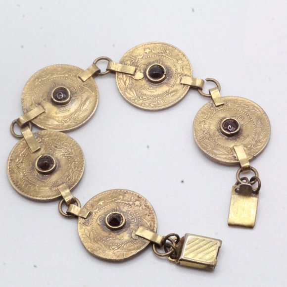 Antique Revival Sterling Silver Vermeil Coin Garnet Bracelet - Picture 1 of 8